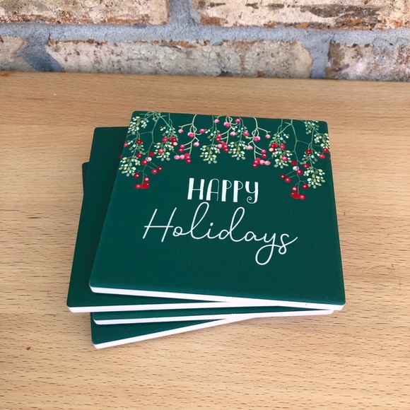 Christmas Happy Holidays Box of 4 Pc. Green Red Holidays Ceramic Coasters - Picture 12 of 15